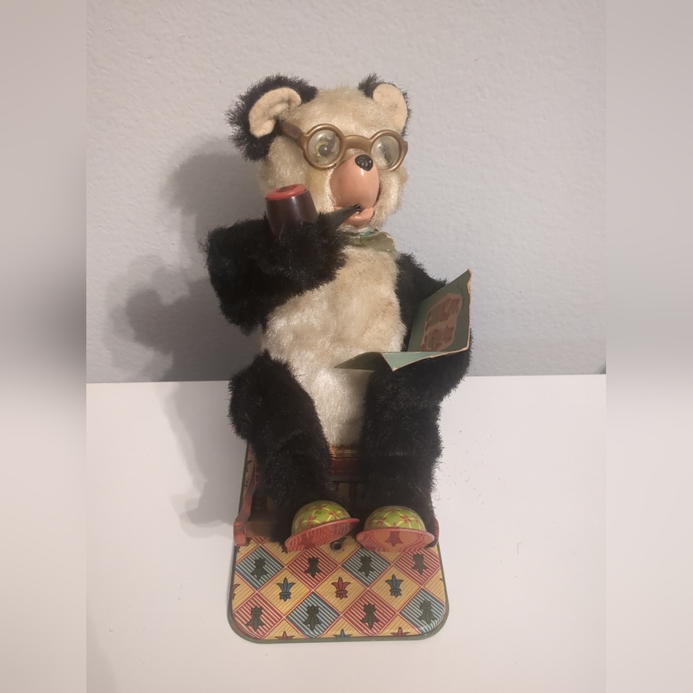Vintage Alps Grandpa Bear Plush Tinplate Chair 1960s Japan Untested